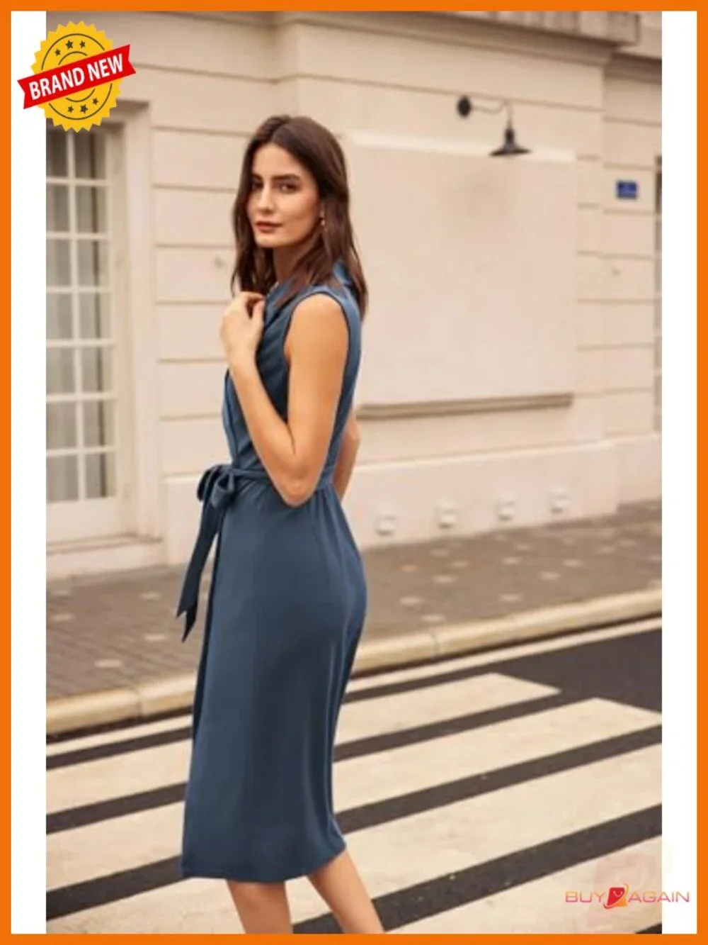 Womens Ruched Bodycon Midi Work Dress Sleeveless V Neck Belted Office